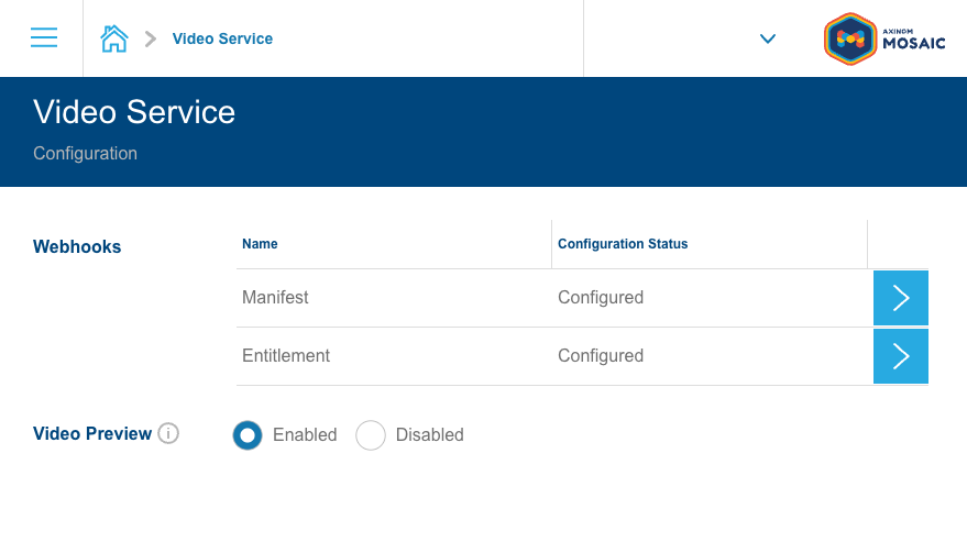 Video Service Admin Settings showing Webhooks and Video Preview configuration